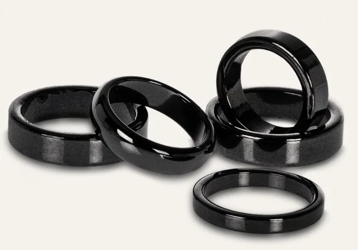 Polished black hematite rings