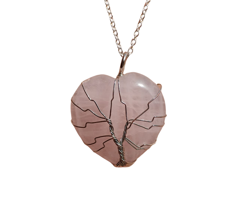 Crystal Heart Pendant with Tree of Life · Rose Quartz