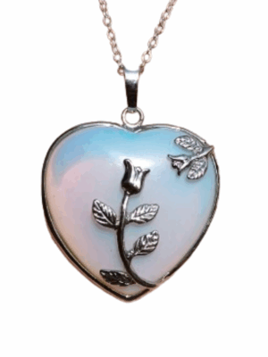 Crystal Heart Pendant with Metal Rose · Opalite