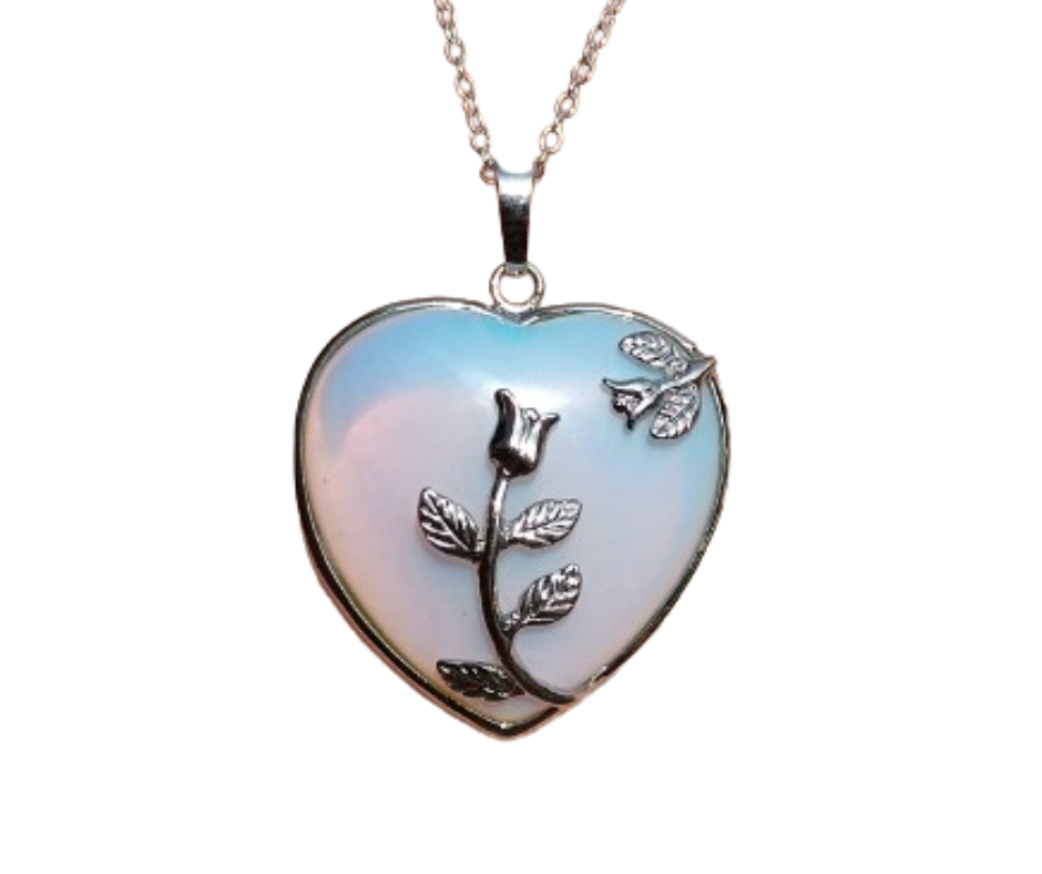 Crystal Heart Pendant with Metal Rose · Opalite