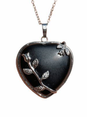 Crystal Heart Pendant with Metal Rose · Obsidian