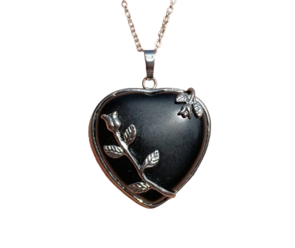 Crystal Heart Pendant with Metal Rose · Obsidian