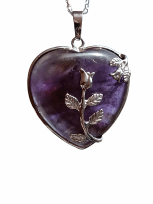 Crystal Heart Pendant with Metal Rose · Amethyst