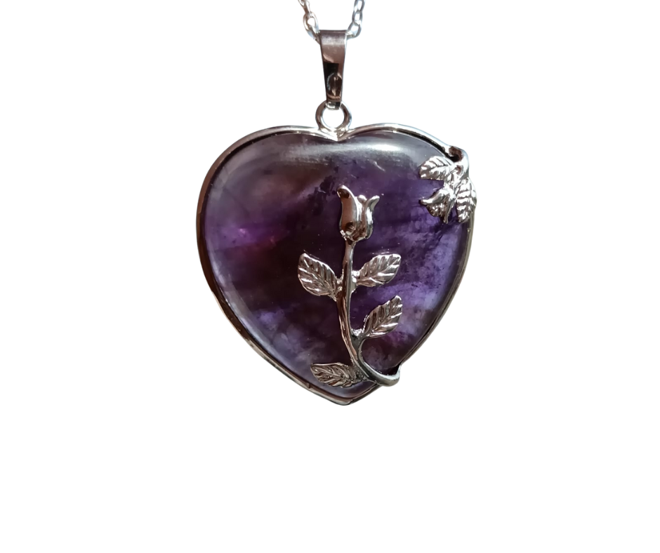 Crystal Heart Pendant with Metal Rose · Amethyst
