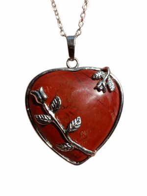 Crystal Heart Pendant with Metal Rose · Red jasper
