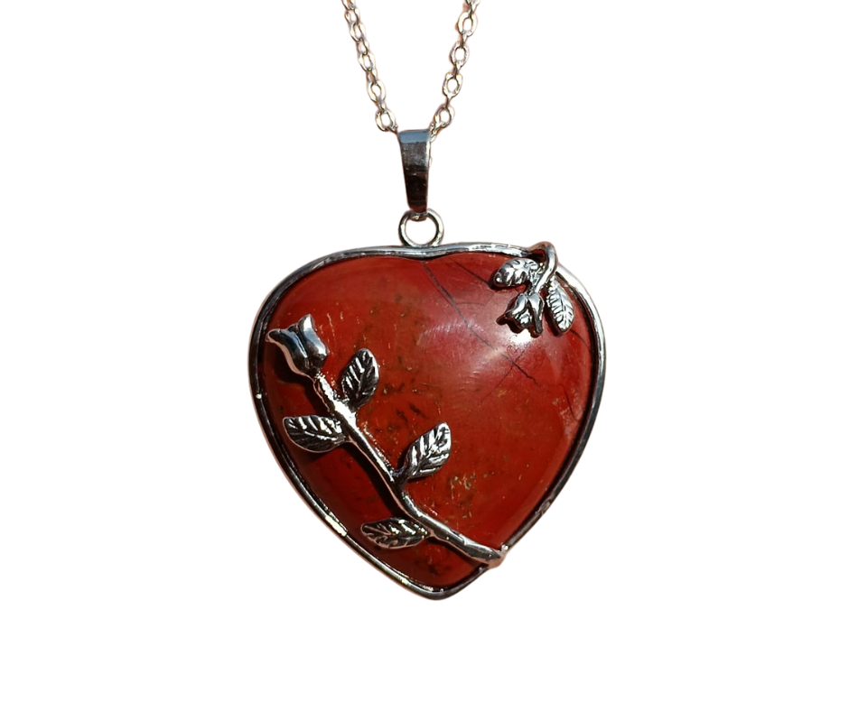 Crystal Heart Pendant with Metal Rose · Red jasper