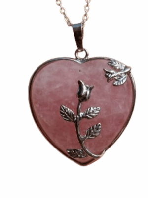 Crystal Heart Pendant with Metal Rose · Rose Quartz