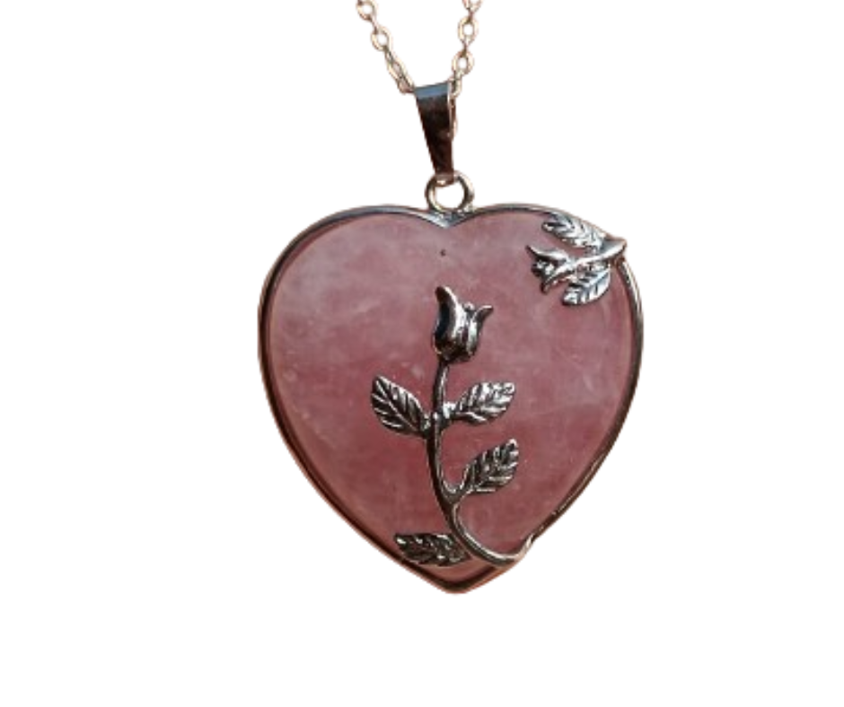 Crystal Heart Pendant with Metal Rose · Rose Quartz
