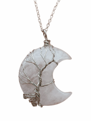 Crystal Moon Pendant with Tree of Life Wrap · Clear Quartz