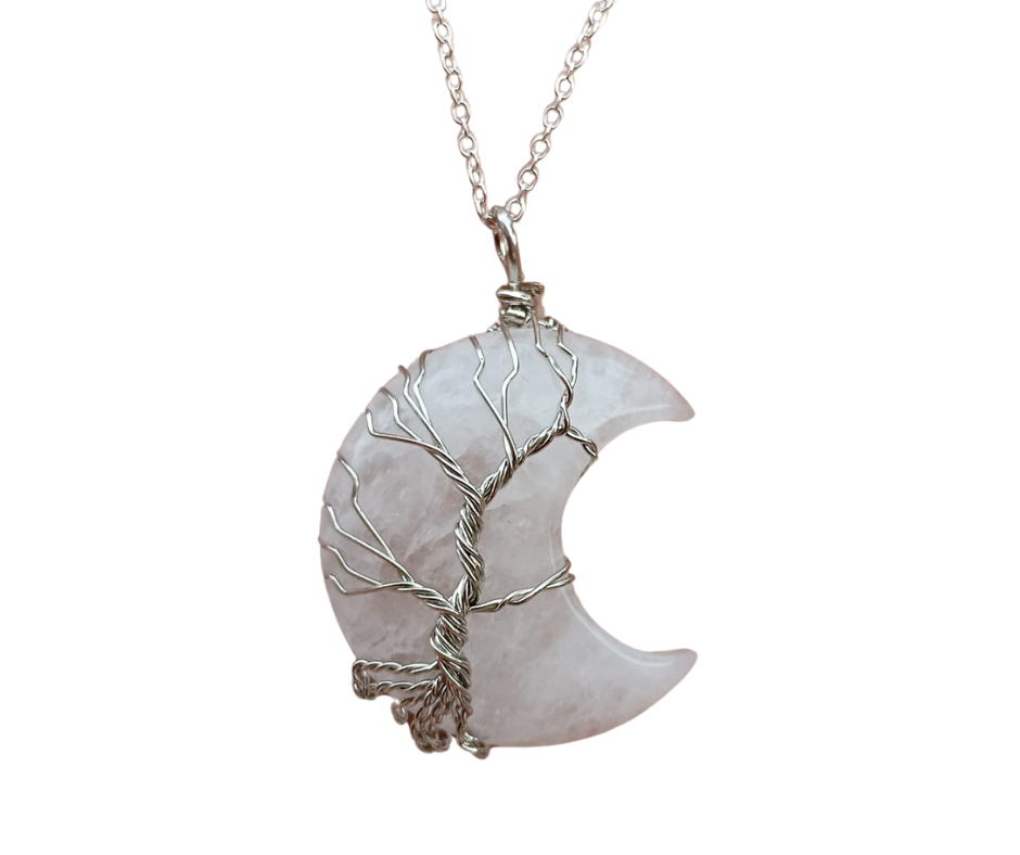 Crystal Moon Pendant with Tree of Life Wrap · Clear Quartz