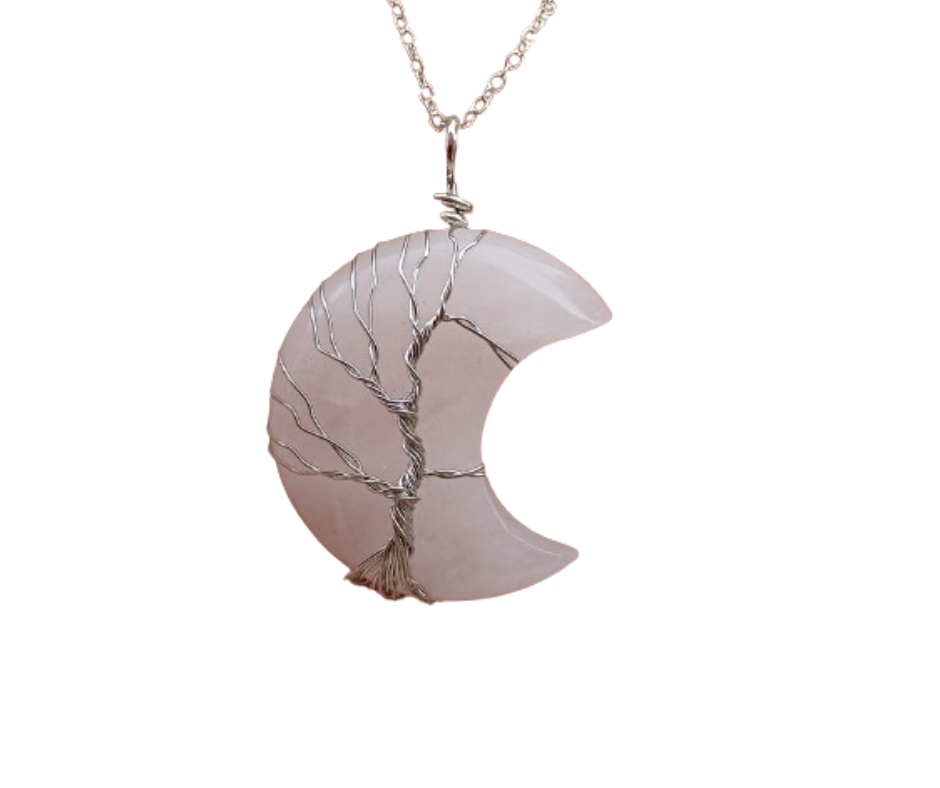 Crystal Moon Pendant with Tree of Life Wrap · Rose Quartz