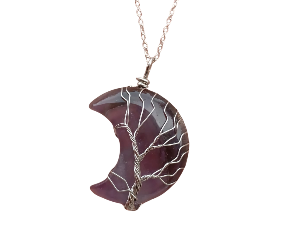 Crystal Moon Pendant with Tree of Life Wrap · Amethyst