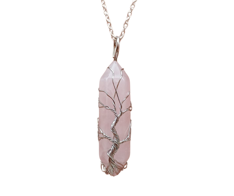 Double Terminated Crystal Tree of Life Pendant · Rose Quartz