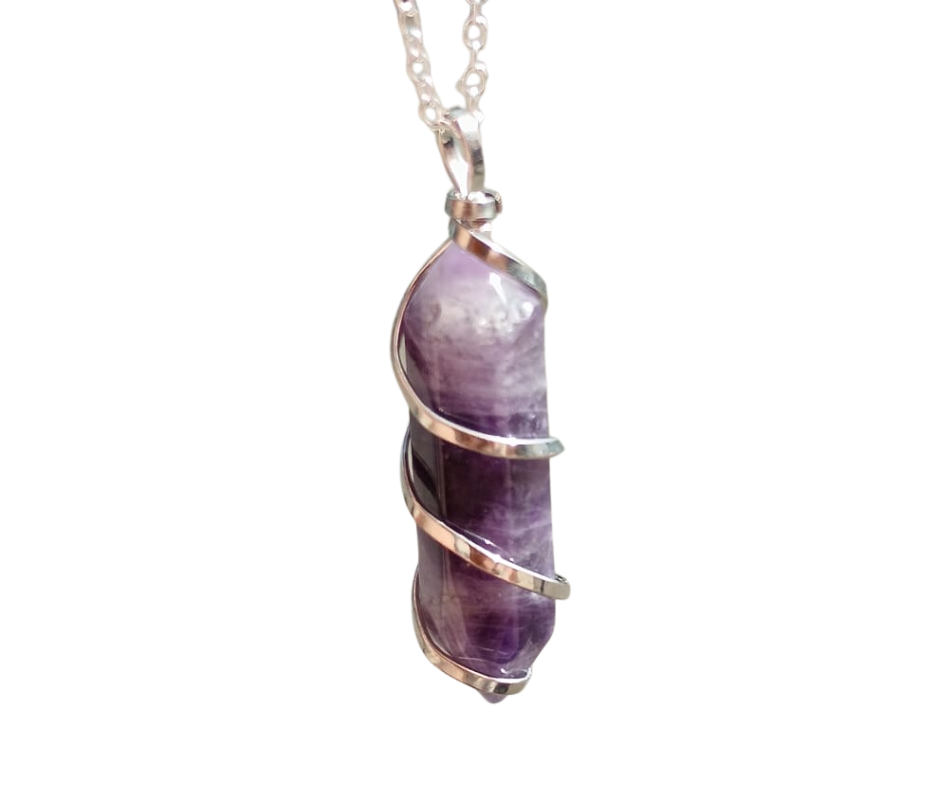 Double Terminated Crystal Pendant with Metal Swirl · Amethyst