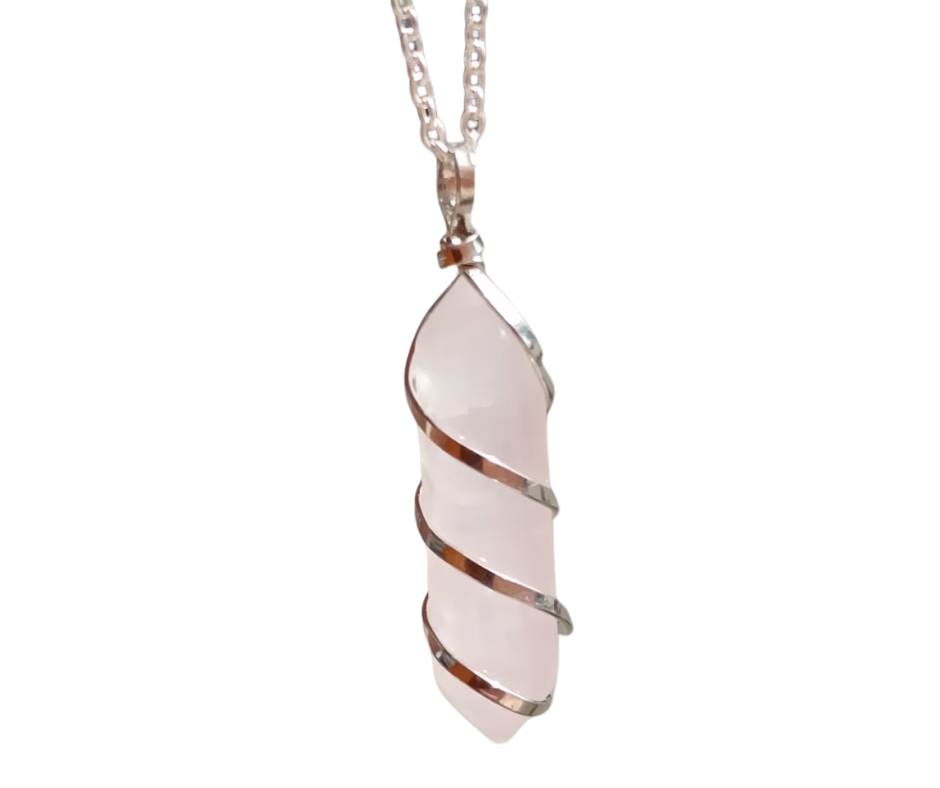 Double Terminated Crystal Pendant with Metal Swirl · Rose Quartz