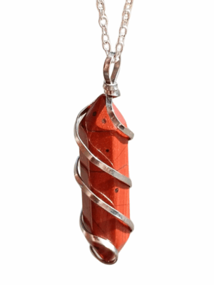 Double Terminated Crystal Pendant with Metal Swirl · Red jasper
