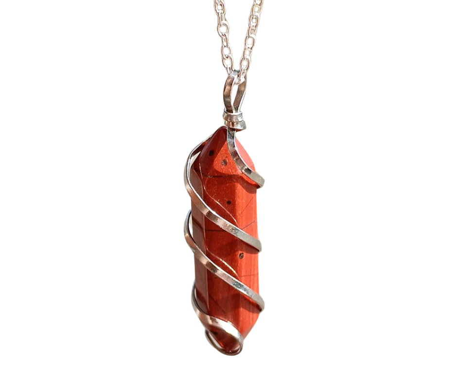Double Terminated Crystal Pendant with Metal Swirl · Red jasper