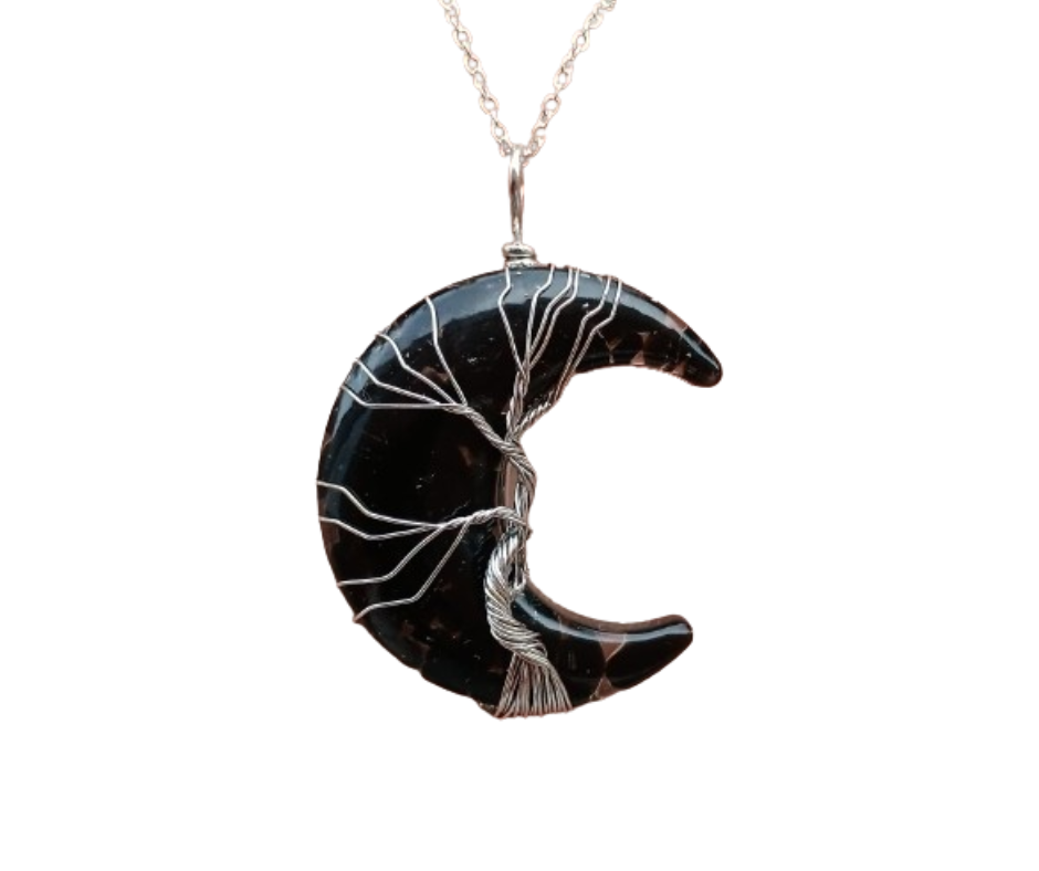 Resin Moon Pendant with Crystal Chips · Obsidian
