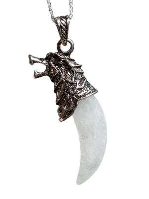 Wolf Fang Crystal Pendant with Metal Wolf Head · Clear Quartz