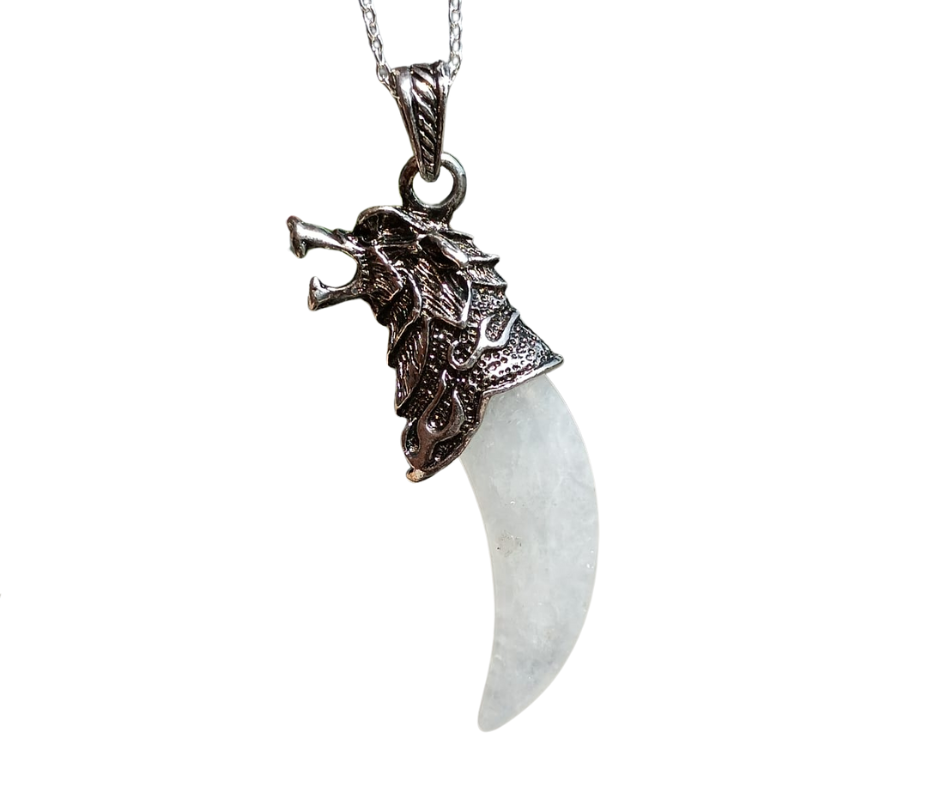 Wolf Fang Crystal Pendant with Metal Wolf Head · Clear Quartz