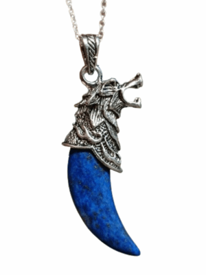 Wolf Fang Crystal Pendant with Metal Wolf Head · Lapis lazuli