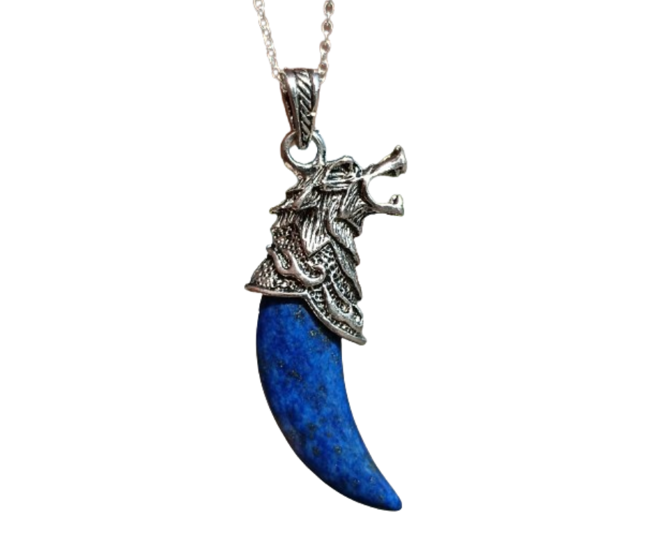 Wolf Fang Crystal Pendant with Metal Wolf Head · Lapis lazuli