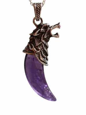 Wolf Fang Crystal Pendant with Metal Wolf Head · Amethyst
