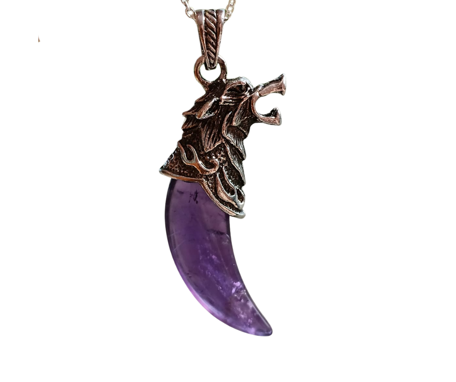 Wolf Fang Crystal Pendant with Metal Wolf Head · Amethyst