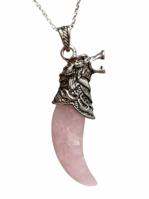 Wolf Fang Crystal Pendant with Metal Wolf Head · Rose Quartz