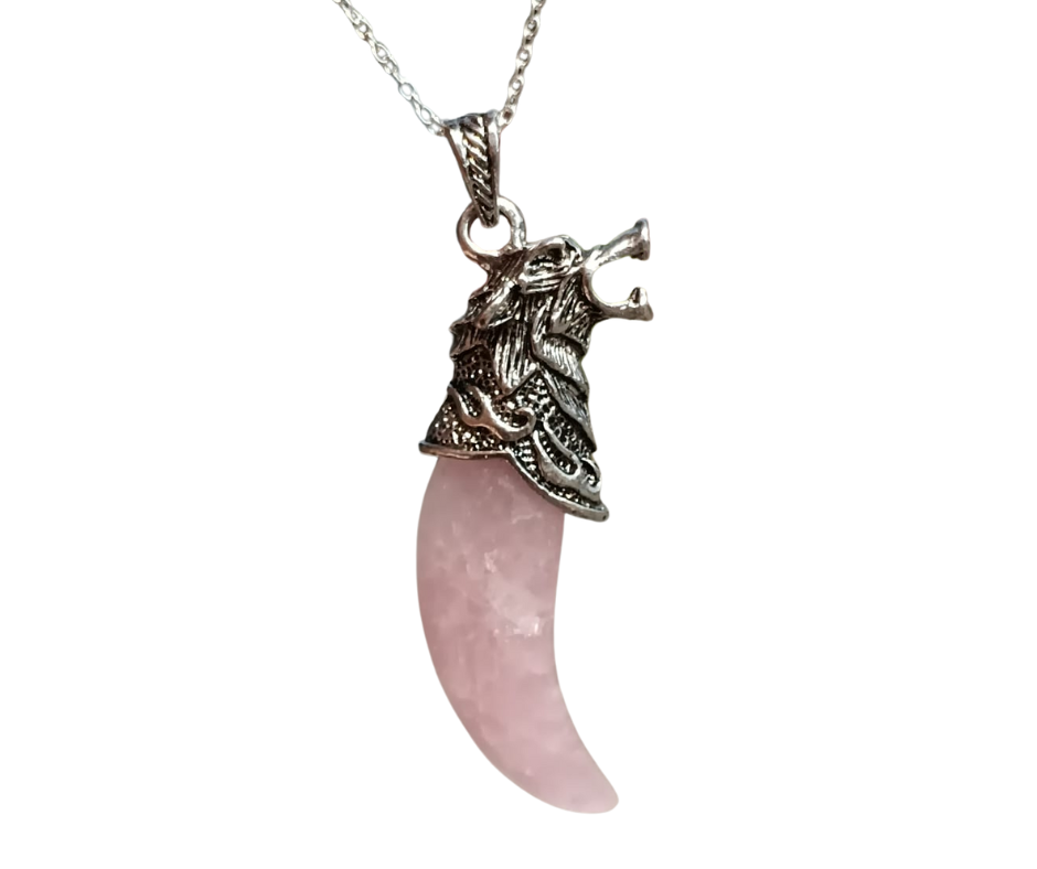Wolf Fang Crystal Pendant with Metal Wolf Head · Rose Quartz