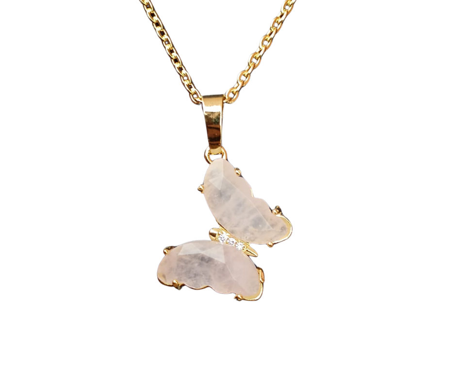 Golden Crystal Butterfly Pendant · Rose quartz