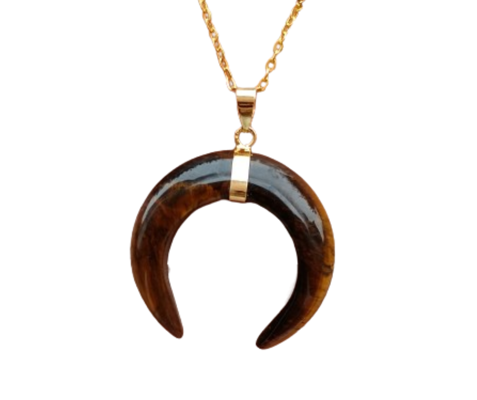 Crescent Moon Crystal Pendant necklace · Gold tigers eye