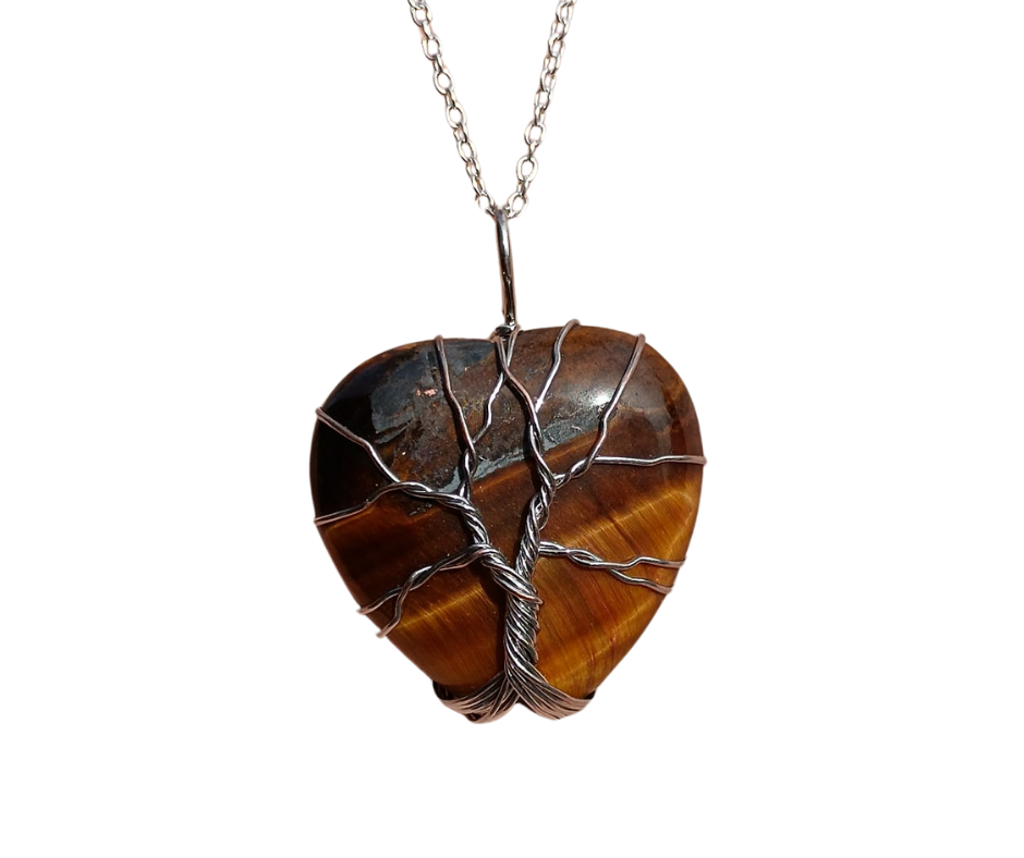 Crystal Heart Pendant with Tree of Life · Tigers eye