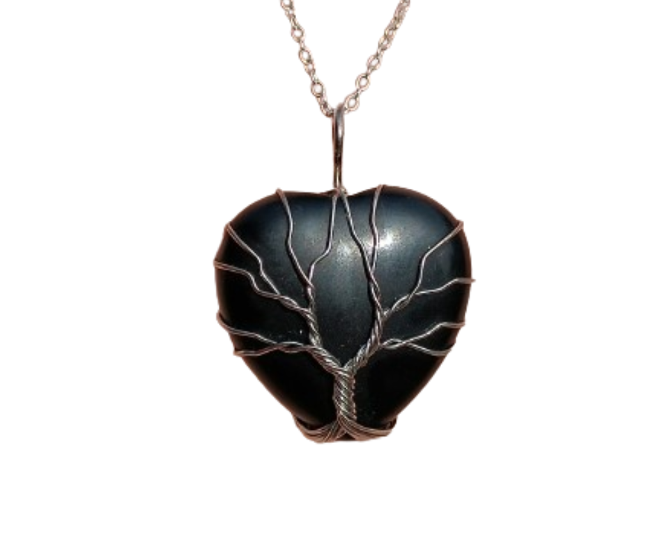 Crystal Heart Pendant with Tree of Life · Obsidian