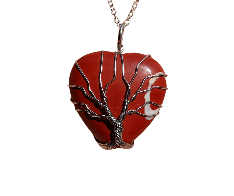 Crystal Heart Pendant with Tree of Life · Red jasper