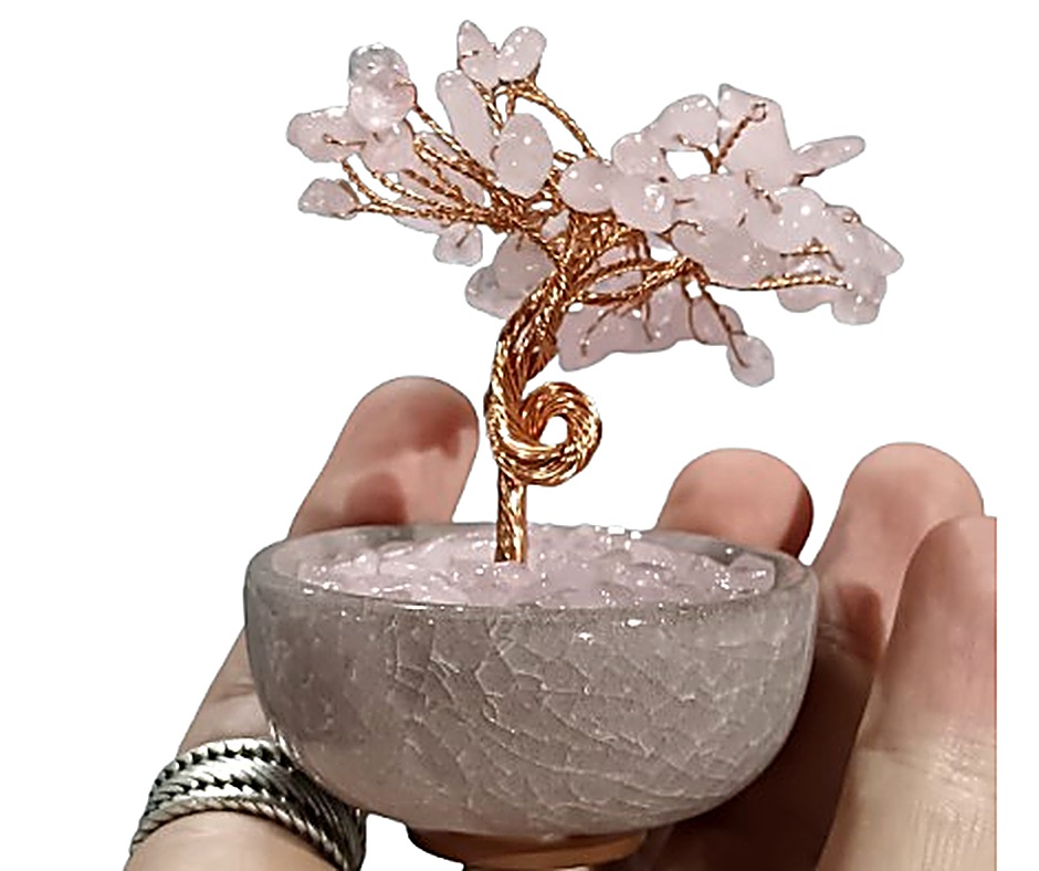 Large Crystal Tree in Terracotta Glazed Pot · Rose Quartz