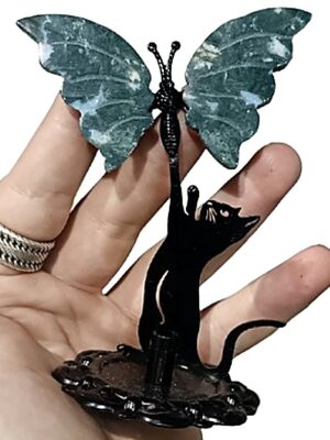 Crystal Butterfly on Cat Stand · Moss agate