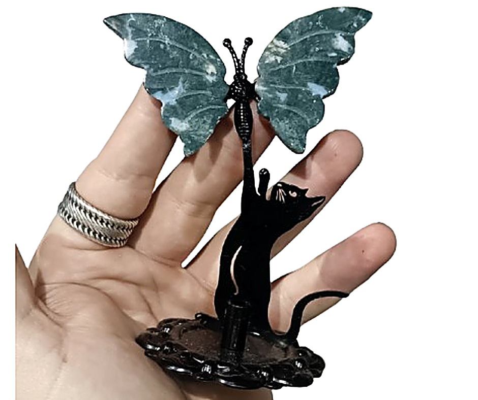 Crystal Butterfly on Cat Stand · Moss agate