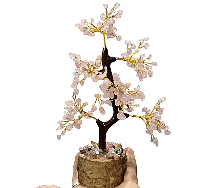 Large Chip Tree, Wooden Base · Rose Quartz